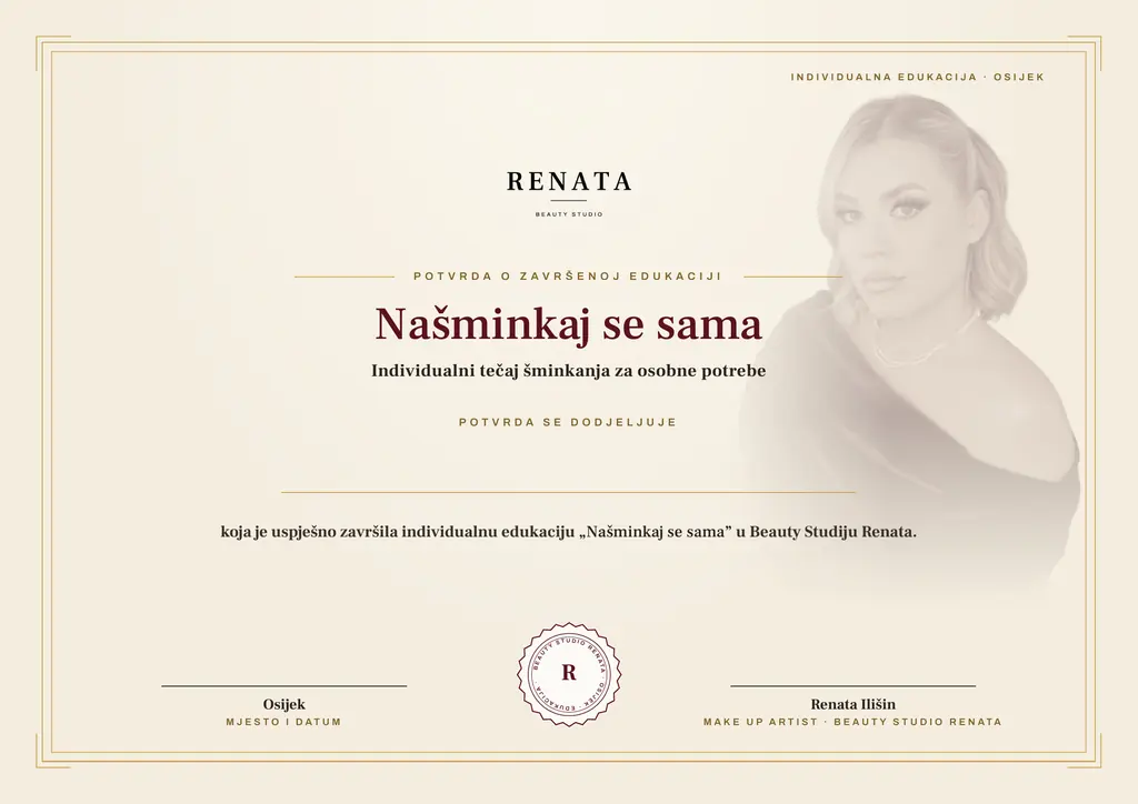 Potvrda o završenoj edukaciji Našminkaj se sama, Beauty Studio Renata